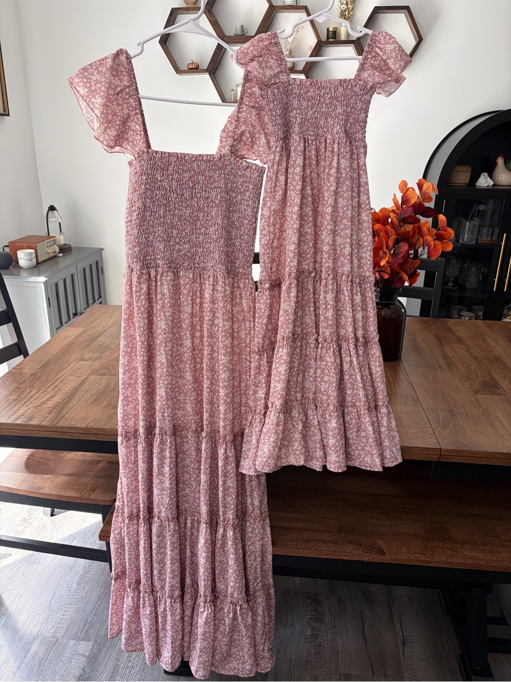 Mommy & Me Matching Smocked Floral Tiered Dress’s - Dusty Pink- Size M & 6 years